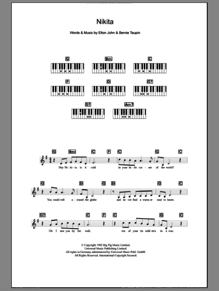 Nikita sheet music for piano solo (chords, lyrics, melody) by Elton John and Bernie Taupin, intermediate piano (chords, lyrics, melody)