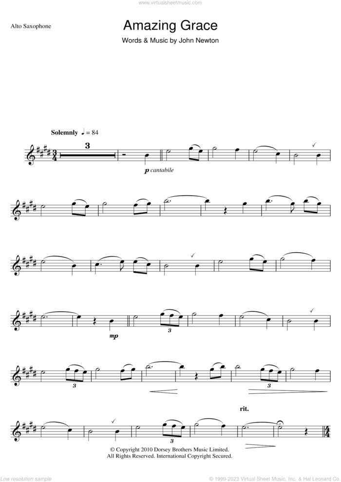 Amazing Grace sheet music for alto saxophone solo by John Newton, wedding score, intermediate skill level