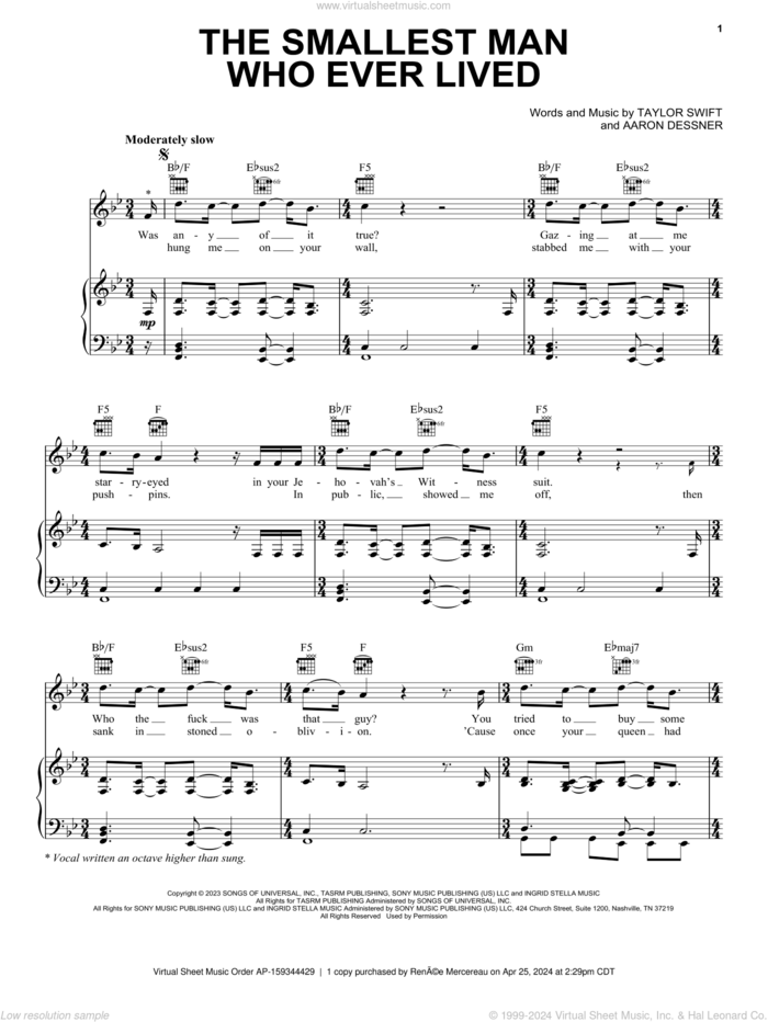 The Smallest Man Who Ever Lived sheet music for voice, piano or guitar by Taylor Swift and Aaron Dessner, intermediate skill level