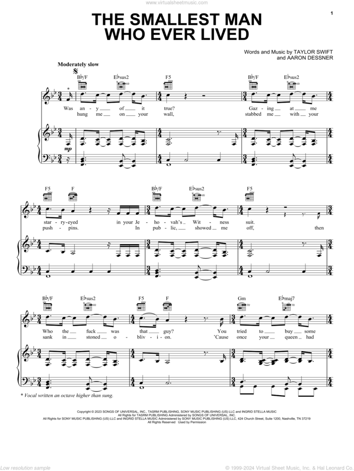 The Smallest Man Who Ever Lived sheet music for voice, piano or guitar by Taylor Swift and Aaron Dessner, intermediate skill level