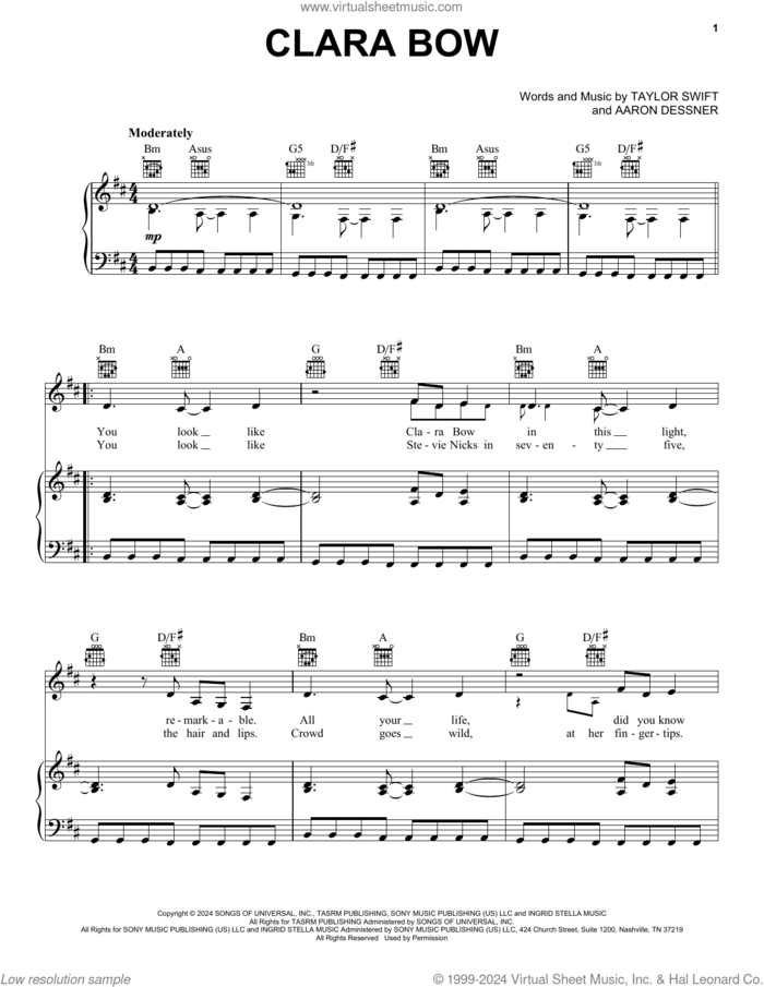 Clara Bow sheet music for voice, piano or guitar by Taylor Swift and Aaron Dessner, intermediate skill level