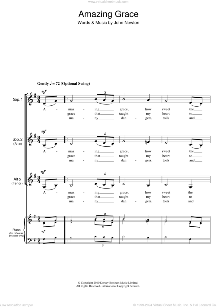 Amazing Grace (arr. Barrie Carson Turner) sheet music for choir (SSA: soprano, alto) by John Newton, Barrie Carson Turner and Miscellaneous, wedding score, intermediate skill level