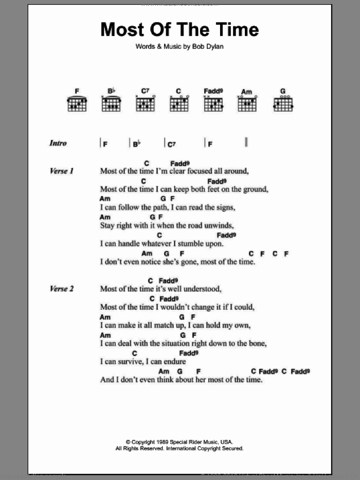 Most Of The Time sheet music for guitar (chords) by Bob Dylan, intermediate skill level