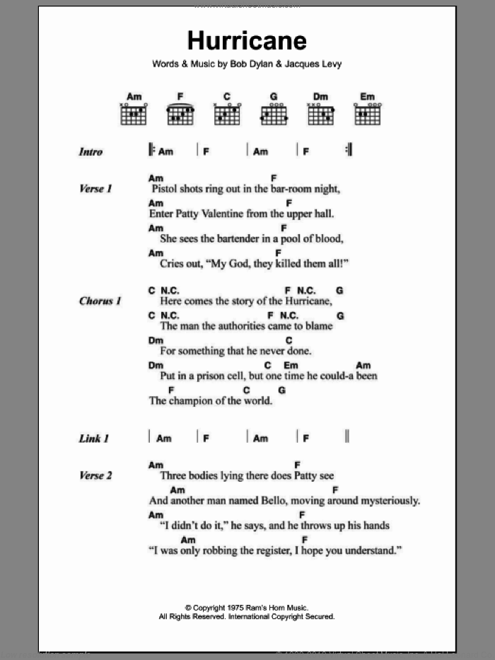Hurricane sheet music for guitar (chords) by Bob Dylan and Jacques Levy, intermediate skill level