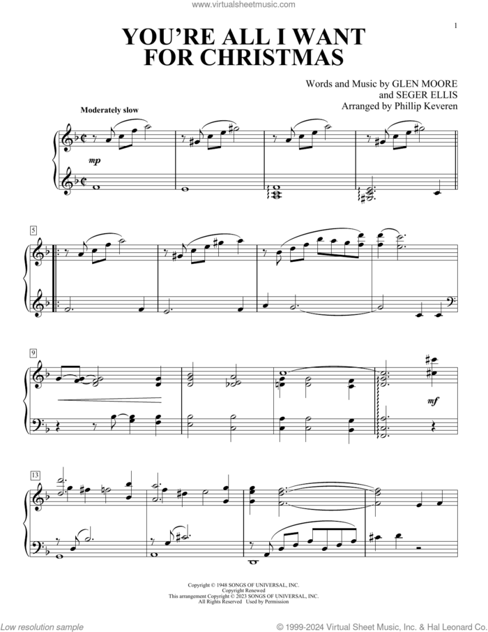 You're All I Want For Christmas (arr. Phillip Keveren) sheet music for piano solo by Brook Benton, Phillip Keveren, Frank Gallagher, Glen Moore and Seger Ellis, intermediate skill level