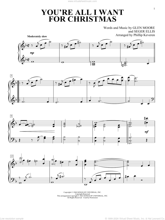 You're All I Want For Christmas (arr. Phillip Keveren) sheet music for piano solo by Brook Benton, Phillip Keveren, Frank Gallagher, Glen Moore and Seger Ellis, intermediate skill level