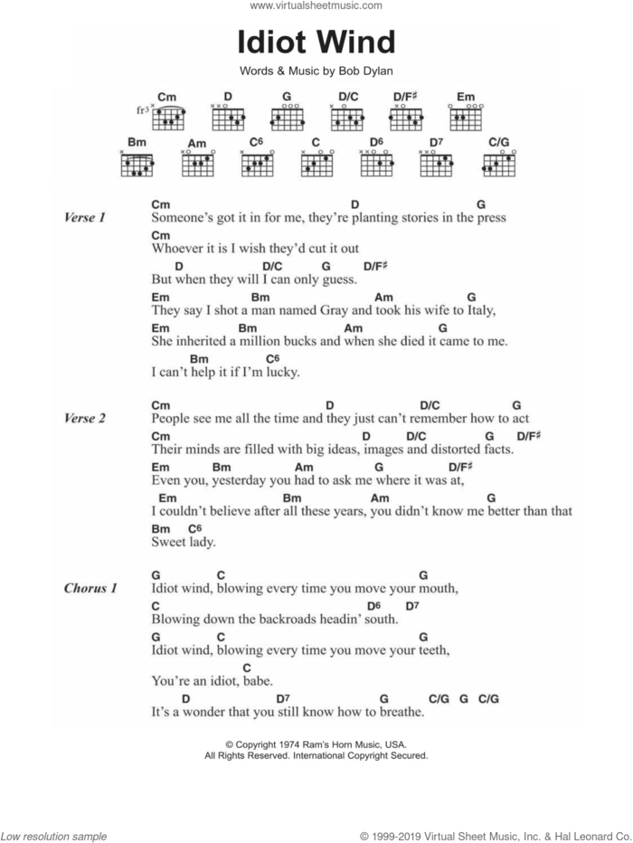 Idiot Wind sheet music for guitar (chords) by Bob Dylan, intermediate skill level