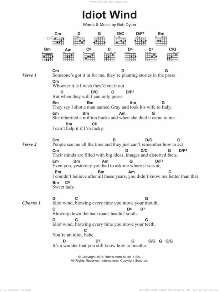 Idiot Wind sheet music for guitar (chords) by Bob Dylan, intermediate skill level