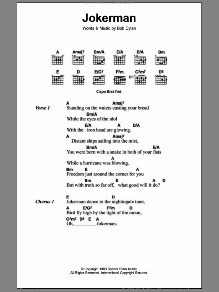 Jokerman sheet music for guitar (chords) by Bob Dylan, intermediate skill level