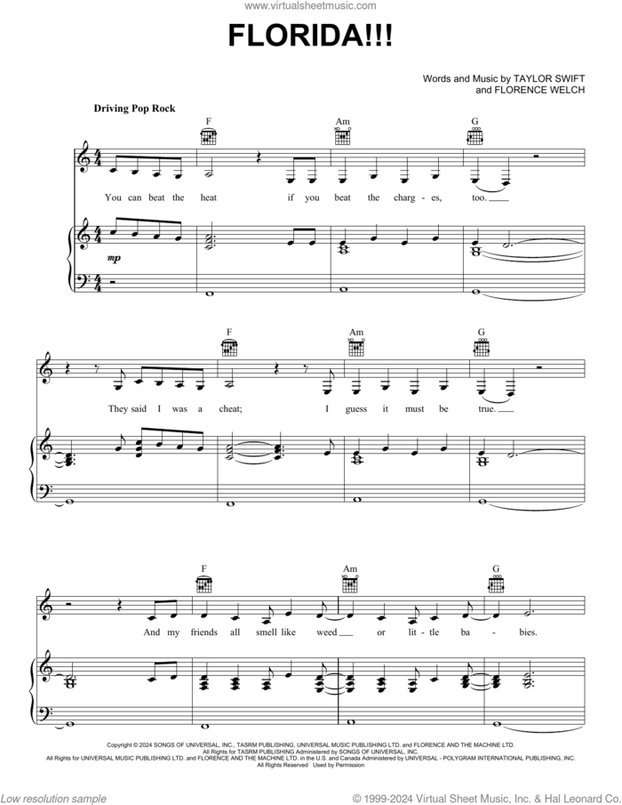 Florida!!! (feat. Florence + The Machine) sheet music for voice, piano or guitar by Taylor Swift and Florence Welch, intermediate skill level