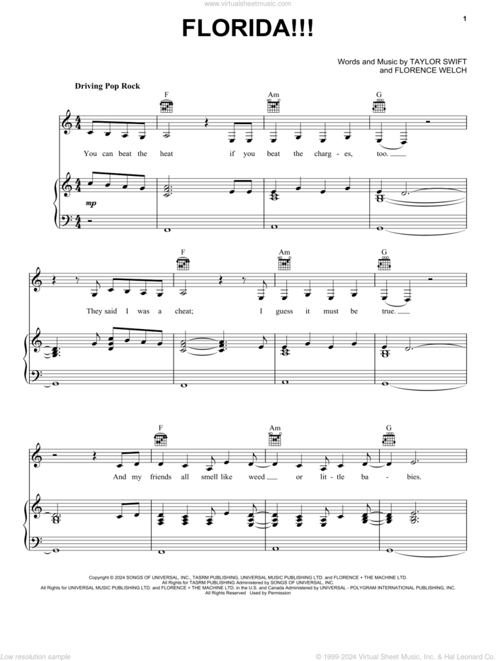 Florida!!! (feat. Florence + The Machine) sheet music for voice, piano or guitar by Taylor Swift and Florence Welch, intermediate skill level