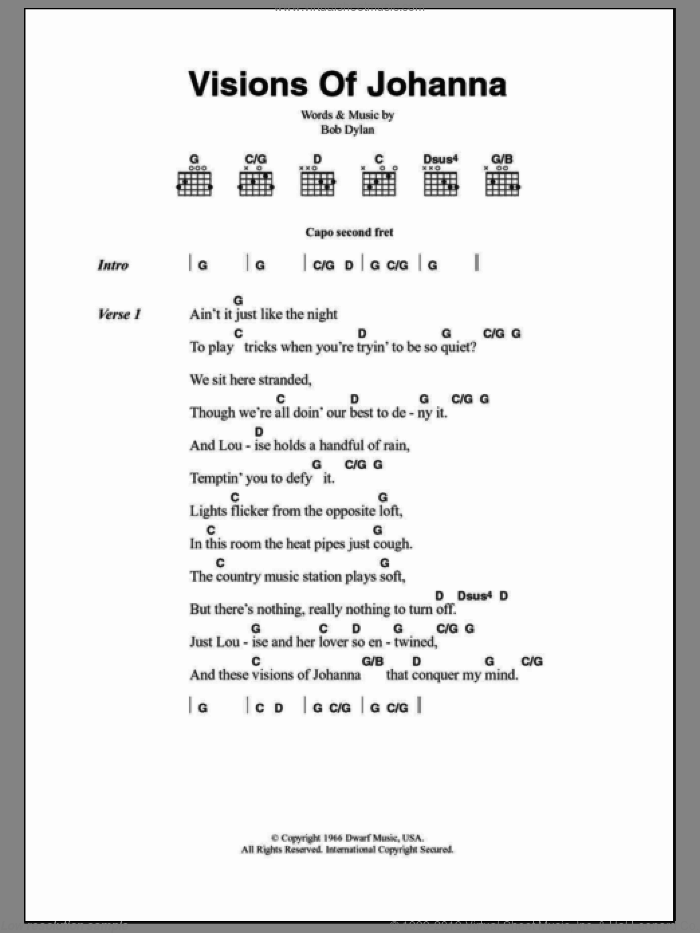 Visions Of Johanna sheet music for guitar (chords) by Bob Dylan, intermediate skill level