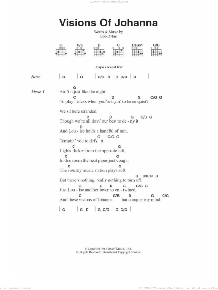 Visions Of Johanna sheet music for guitar (chords) by Bob Dylan, intermediate skill level