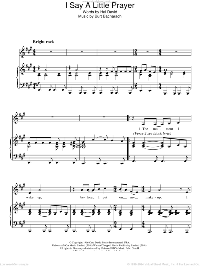 I Say A Little Prayer sheet music for voice and piano by Bacharach & David, Promises, Promises (Musical), Burt Bacharach and Hal David, intermediate skill level