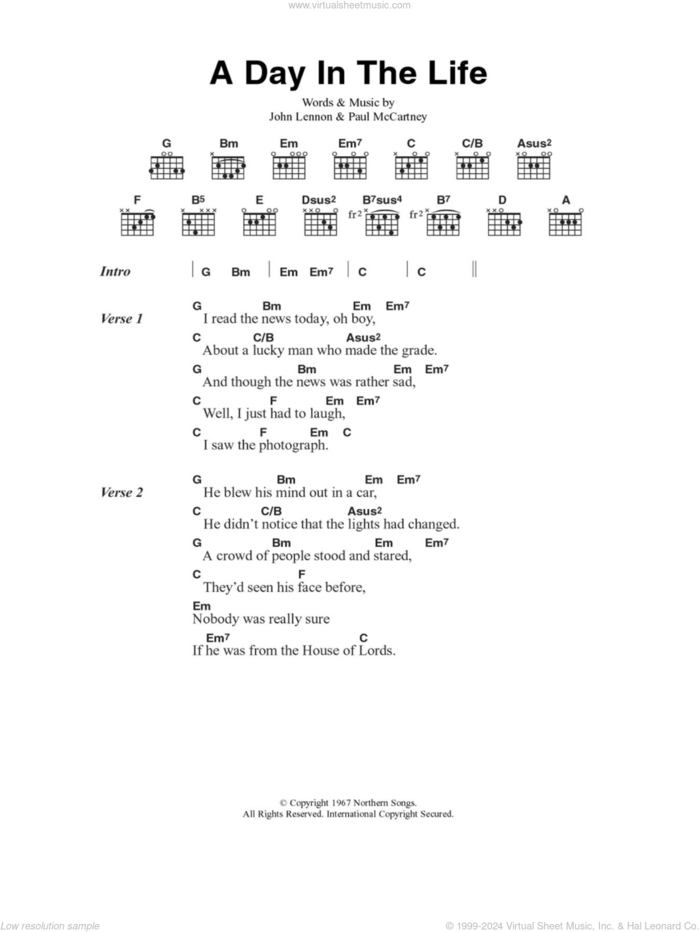 A Day In The Life sheet music for guitar (chords) by The Beatles, John Lennon and Paul McCartney, intermediate skill level