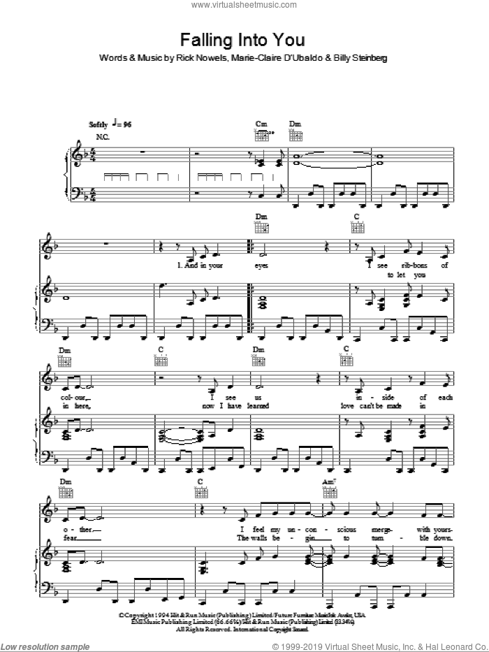 Falling Into You sheet music for voice, piano or guitar by Celine Dion, Billy Steinberg and Rick Nowels, intermediate skill level