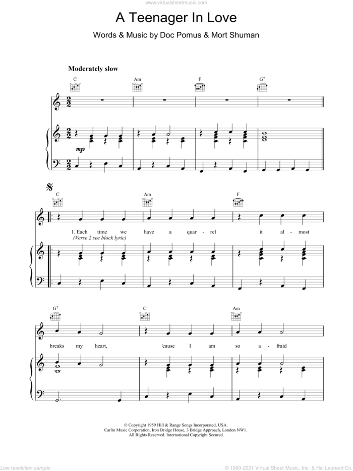 A Teenager In Love sheet music for voice, piano or guitar by Dion & The Belmonts, Doc Pomus, Jerome Pomus and Mort Shuman, intermediate skill level