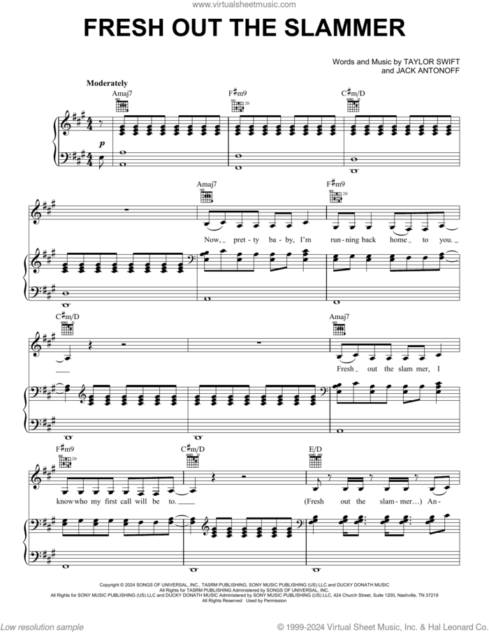 Fresh Out The Slammer sheet music for voice, piano or guitar by Taylor Swift and Jack Antonoff, intermediate skill level