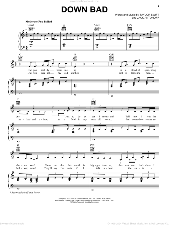 Down Bad sheet music for voice, piano or guitar by Taylor Swift and Jack Antonoff, intermediate skill level