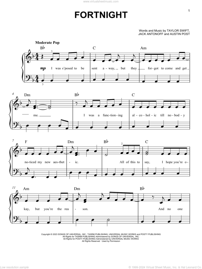 Fortnight (feat. Post Malone), (easy) sheet music for piano solo by Taylor Swift, Austin Post and Jack Antonoff, easy skill level