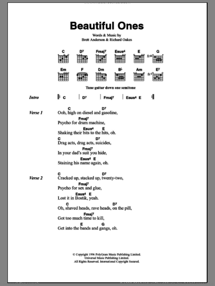 Beautiful Ones sheet music for guitar (chords) by Suede, Brett Anderson and Richard Oakes, intermediate skill level