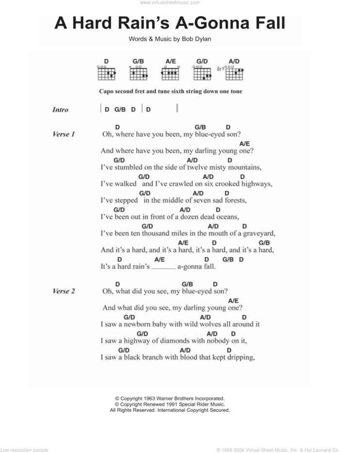 A Hard Rain's A-Gonna Fall sheet music for guitar (chords) by Bob Dylan, intermediate skill level