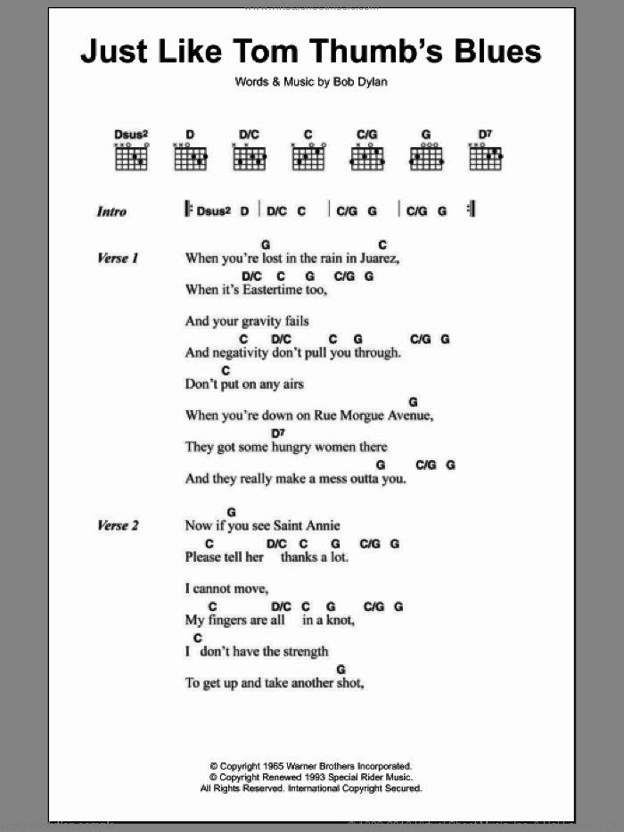 Just Like Tom Thumb's Blues sheet music for guitar (chords) by Bob Dylan, intermediate skill level