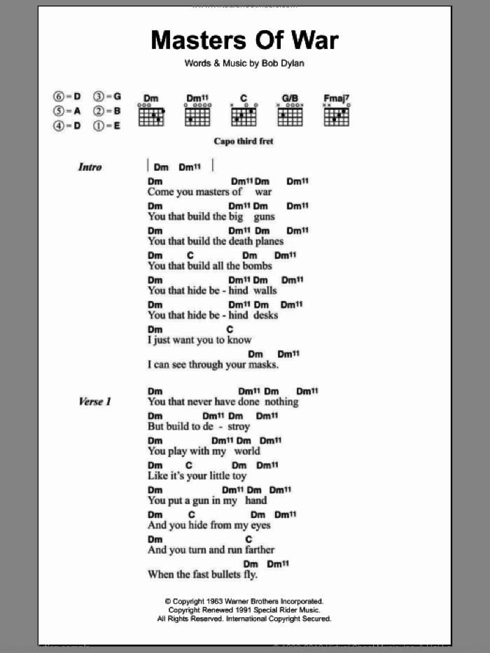 Masters Of War sheet music for guitar (chords) by Bob Dylan, intermediate skill level