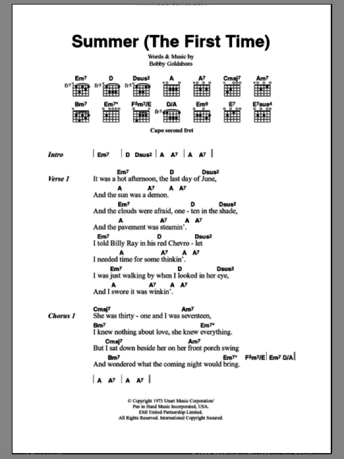 Summer (The First Time) sheet music for guitar (chords) by Bobby Goldsboro, intermediate skill level
