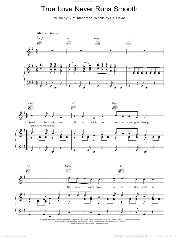 True Love Never Runs Smooth sheet music for voice, piano or guitar by Bacharach & David, Burt Bacharach, BACHARACH and Hal David, intermediate skill level