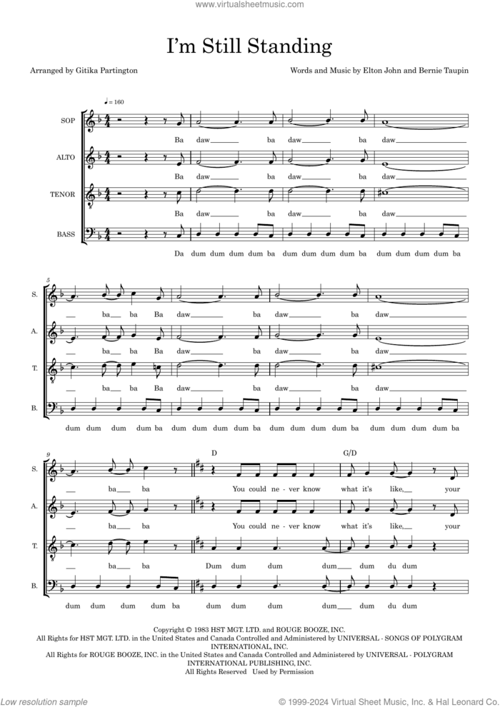 I'm Still Standing (arr. Gitika Partington) sheet music for choir (SATB: soprano, alto, tenor, bass) by Elton John, Gitika Partington and Bernie Taupin, intermediate skill level