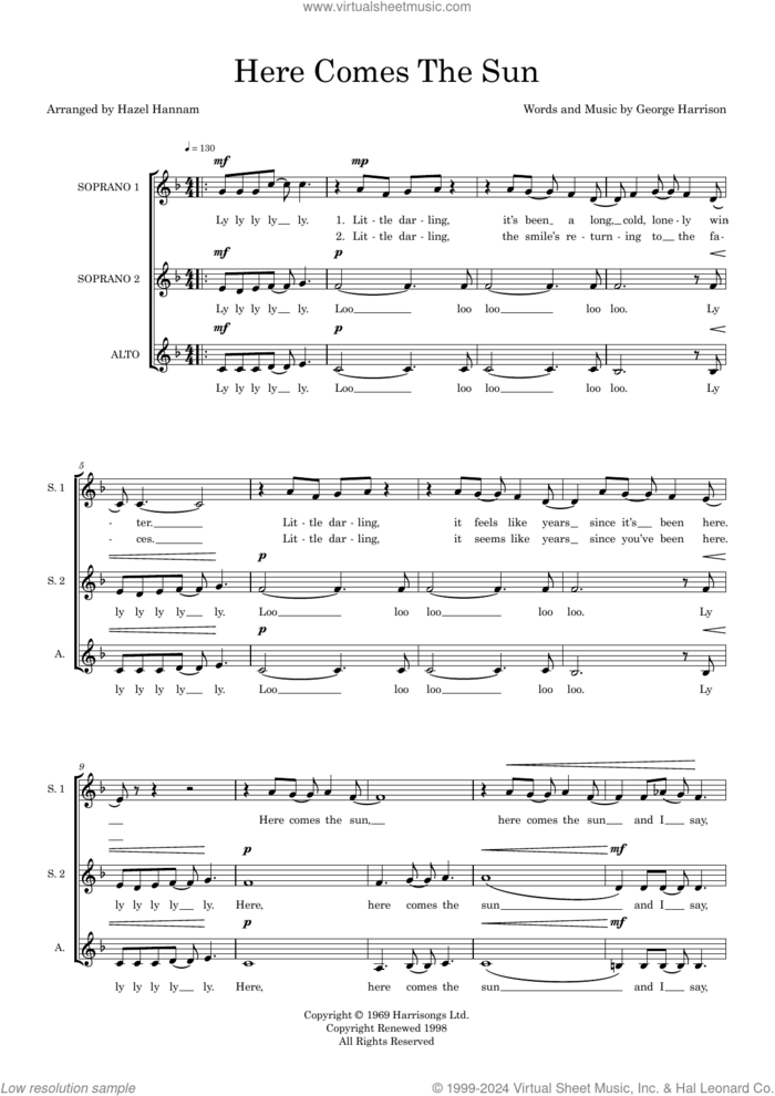 Here Comes The Sun (arr. Hazel Hannam) sheet music for choir (SSA: soprano, alto) by The Beatles, Hazel Hannam and George Harrison, intermediate skill level