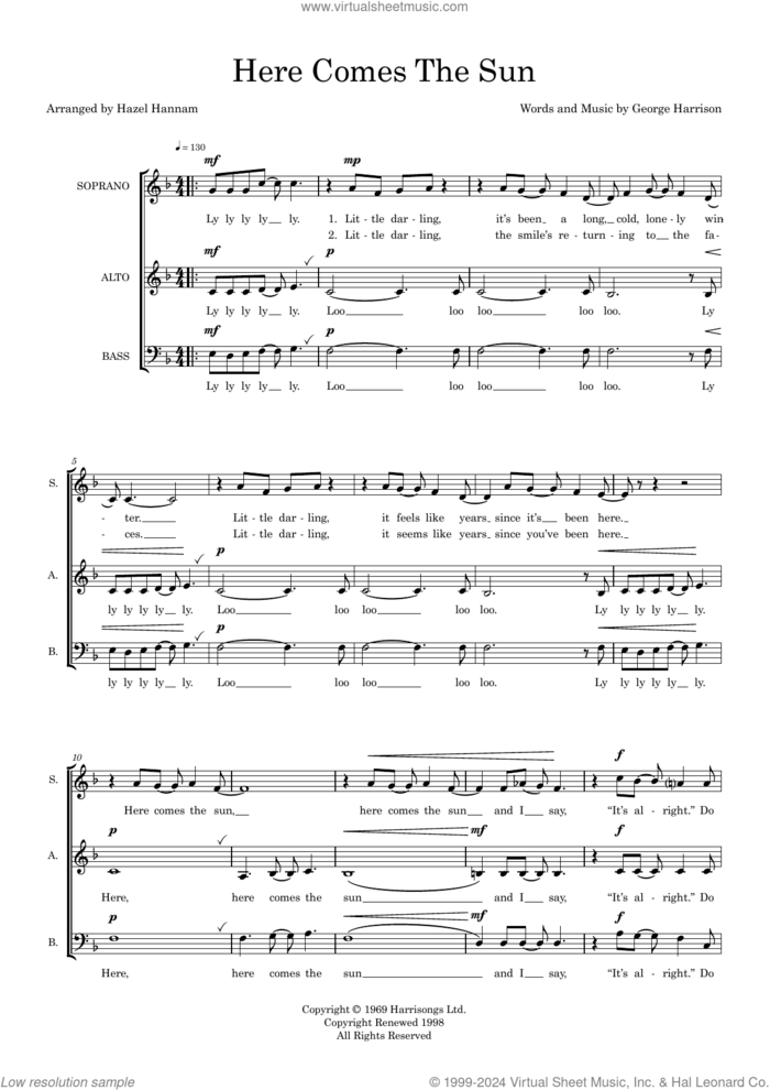 Here Comes The Sun (arr. Hazel Hannam) sheet music for choir (SAB: soprano, alto, bass) by The Beatles, Hazel Hannam and George Harrison, intermediate skill level