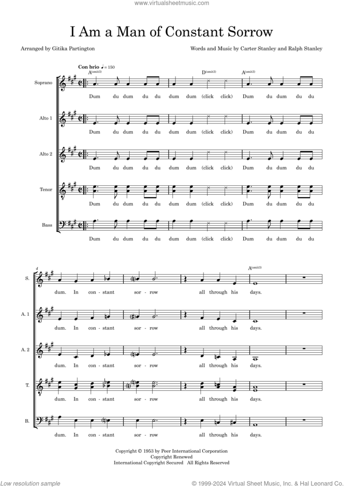 I Am a Man of Constant Sorrow (arr. Gitika Partington) sheet music for choir (SAATB) by Soggy Bottom Boys, Gitika Partington, Carter Stanley and Ralph Stanley, intermediate skill level