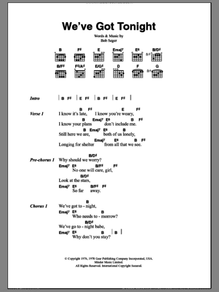 We've Got Tonight sheet music for guitar (chords) by Bob Seger and Ronan Keating, intermediate skill level