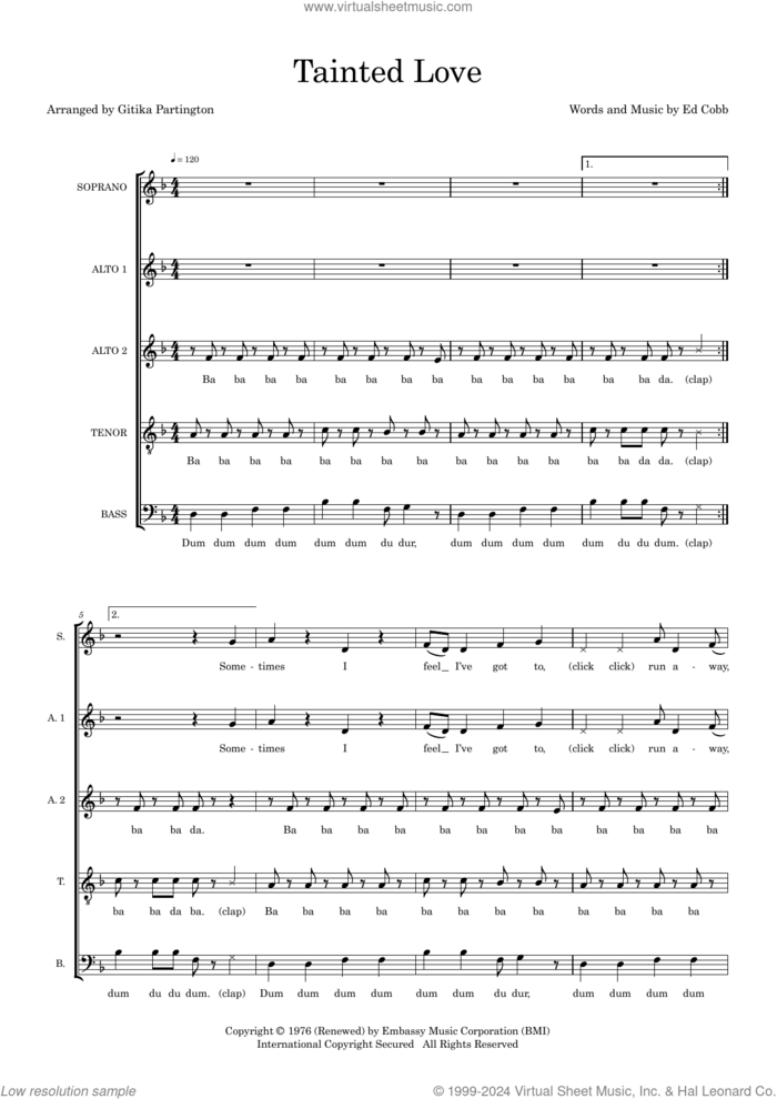 Tainted Love (arr. Gitika Partington) sheet music for choir (SAATB) by Soft Cell, Gitika Partington and Ed Cobb, intermediate skill level