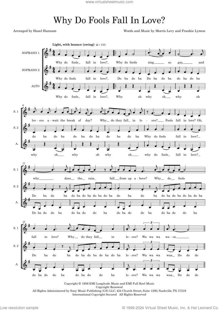 Why Do Fools Fall In Love (arr. Hazel Hannam) sheet music for choir (SSA: soprano, alto) by Frankie Lymon, Hazel Hannam and Morris Levy, intermediate skill level