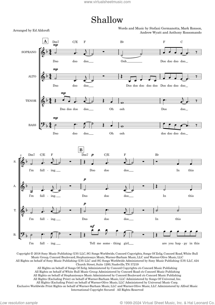 Shallow (arr. Ed Aldcroft) (COMPLETE) sheet music for orchestra/band (SATB) by Lady Gaga, Andrew Wyatt, Anthony Rossomando, Ed Aldcroft and Mark Ronson, intermediate skill level