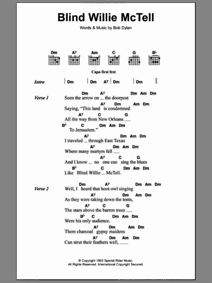 Blind Willie McTell sheet music for guitar (chords) by Bob Dylan, intermediate skill level