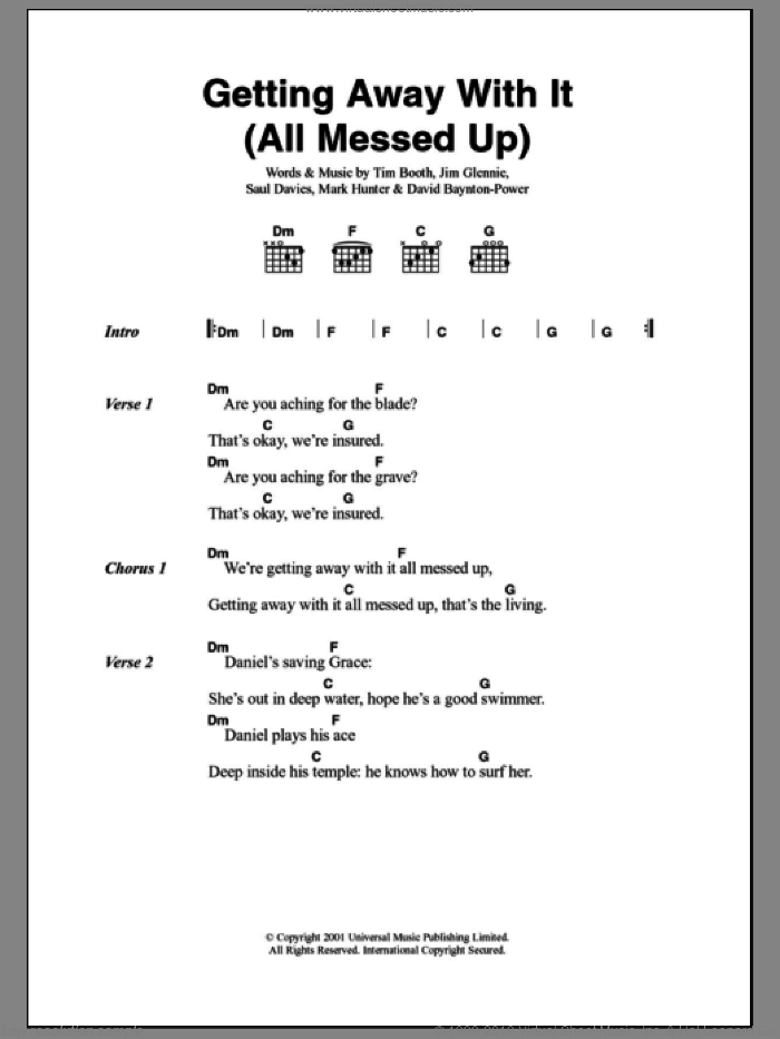 Getting Away With It (All Messed Up) sheet music for guitar (chords) by Alex James, David Baynton-Power, Jim Glennie, Mark Hunter, Saul Davies and Tim Booth, intermediate skill level