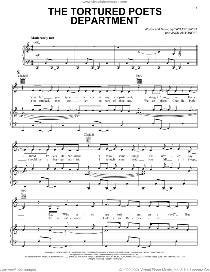 The Tortured Poets Department sheet music for voice, piano or guitar by Taylor Swift and Jack Antonoff, intermediate skill level
