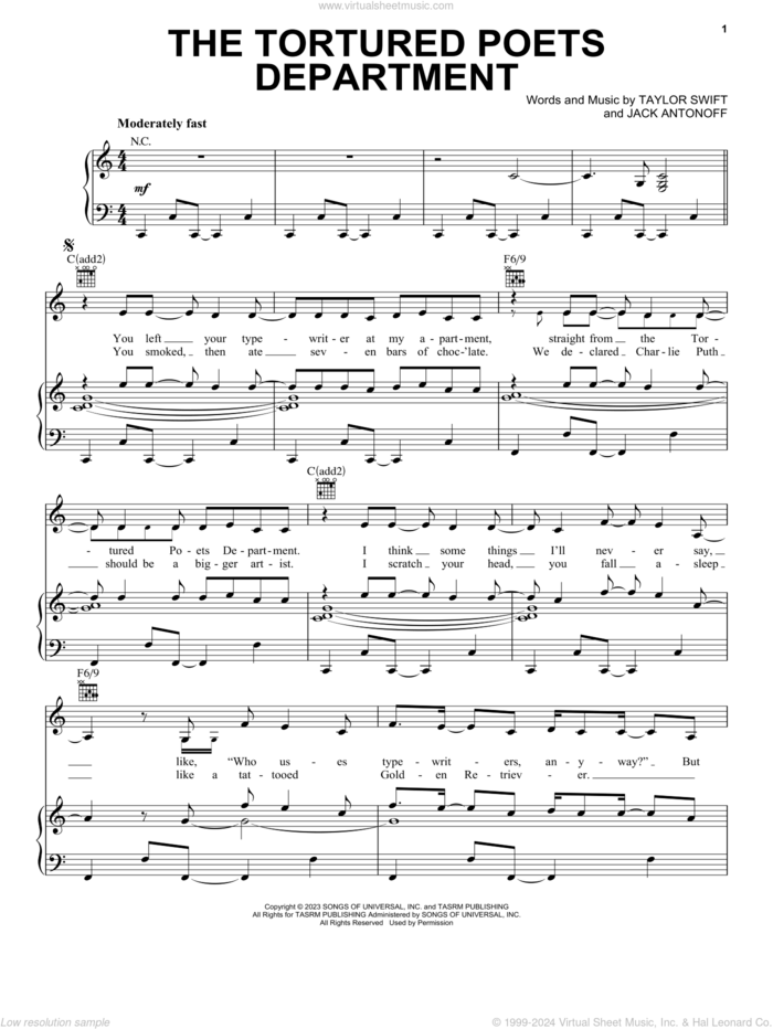 The Tortured Poets Department sheet music for voice, piano or guitar by Taylor Swift and Jack Antonoff, intermediate skill level