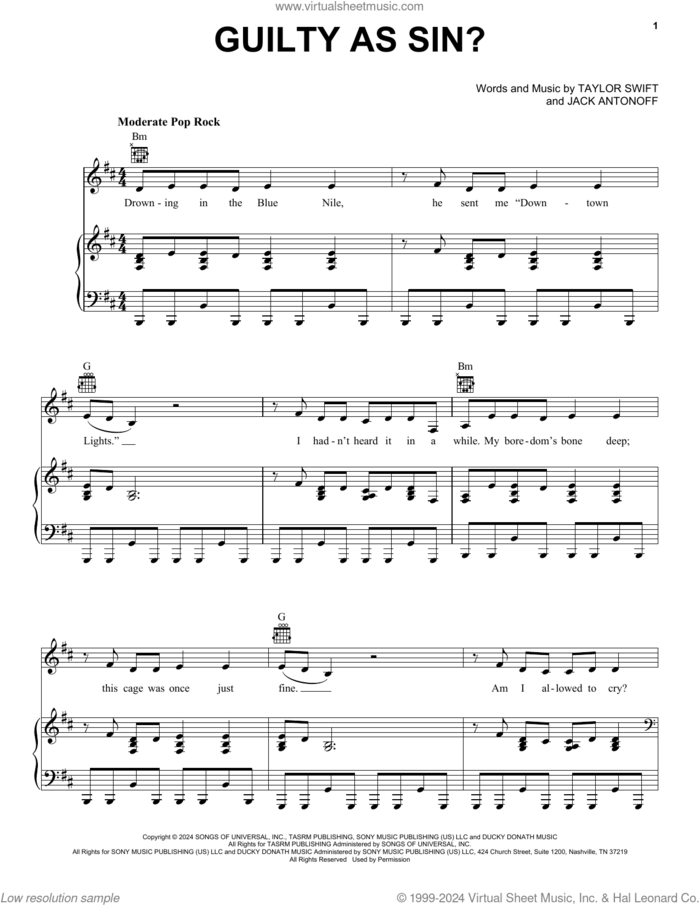 Guilty as Sin? sheet music for voice, piano or guitar by Taylor Swift and Jack Antonoff, intermediate skill level