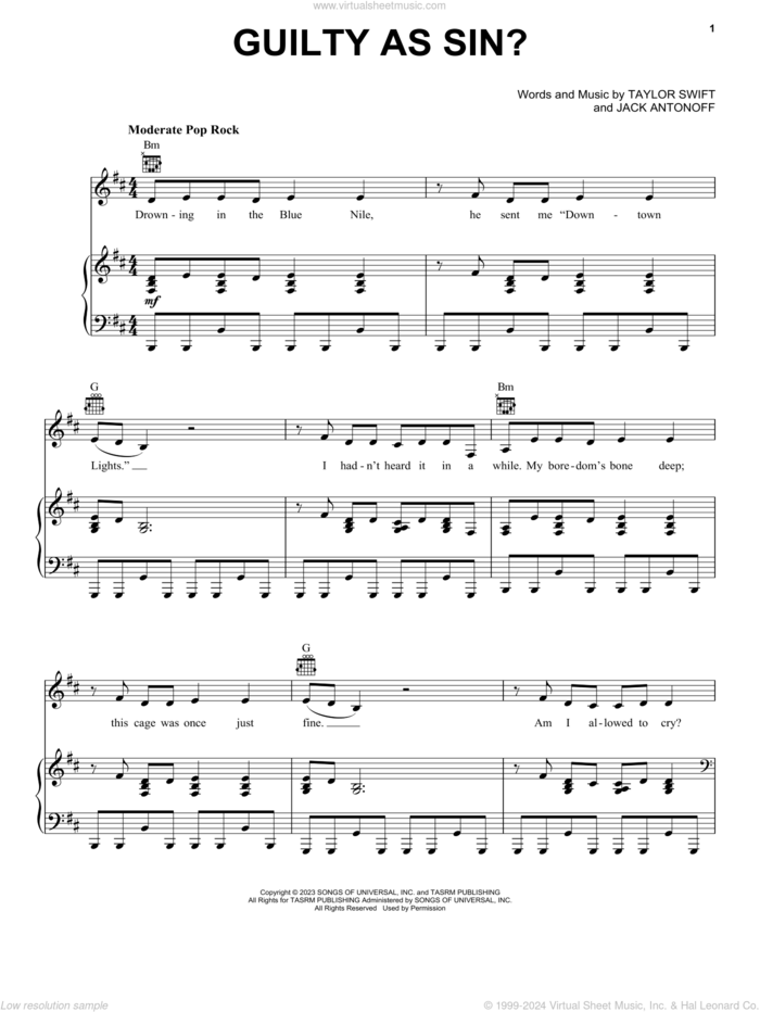 Guilty as Sin? sheet music for voice, piano or guitar by Taylor Swift and Jack Antonoff, intermediate skill level