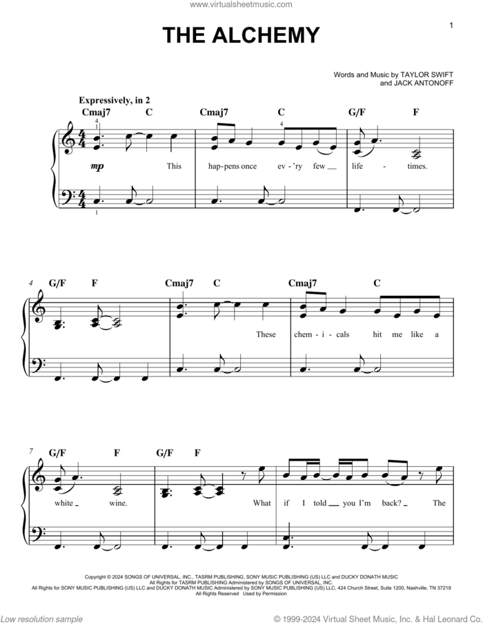 The Alchemy sheet music for piano solo by Taylor Swift and Jack Antonoff, easy skill level