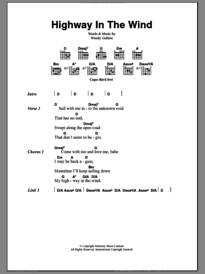 Highway In The Wind sheet music for guitar (chords) by Arlo Guthrie and Woody Guthrie, intermediate skill level