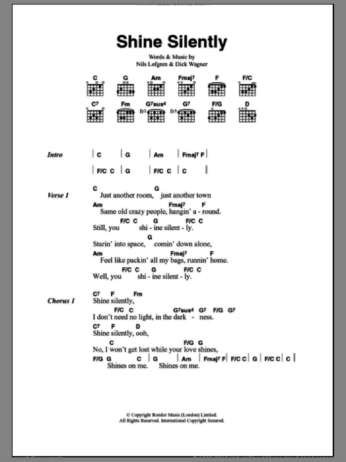 Shine Silently sheet music for guitar (chords) by Nils Lofgren and Dick Wagner, intermediate skill level