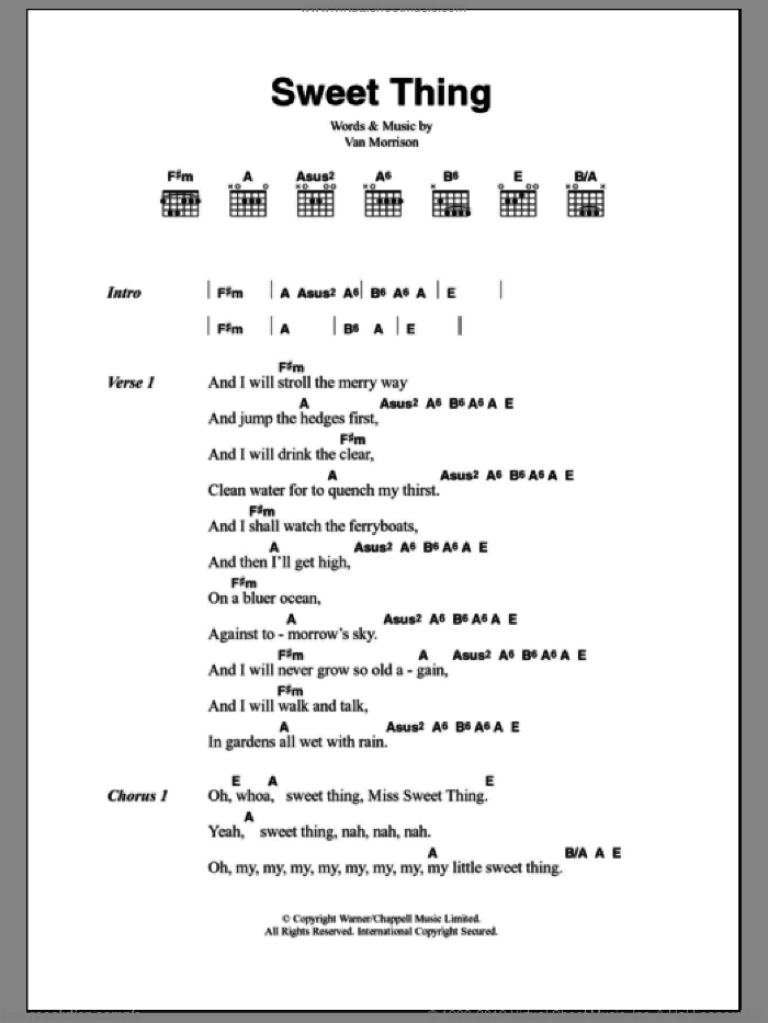 Sweet Thing sheet music for guitar (chords) by Van Morrison, intermediate skill level