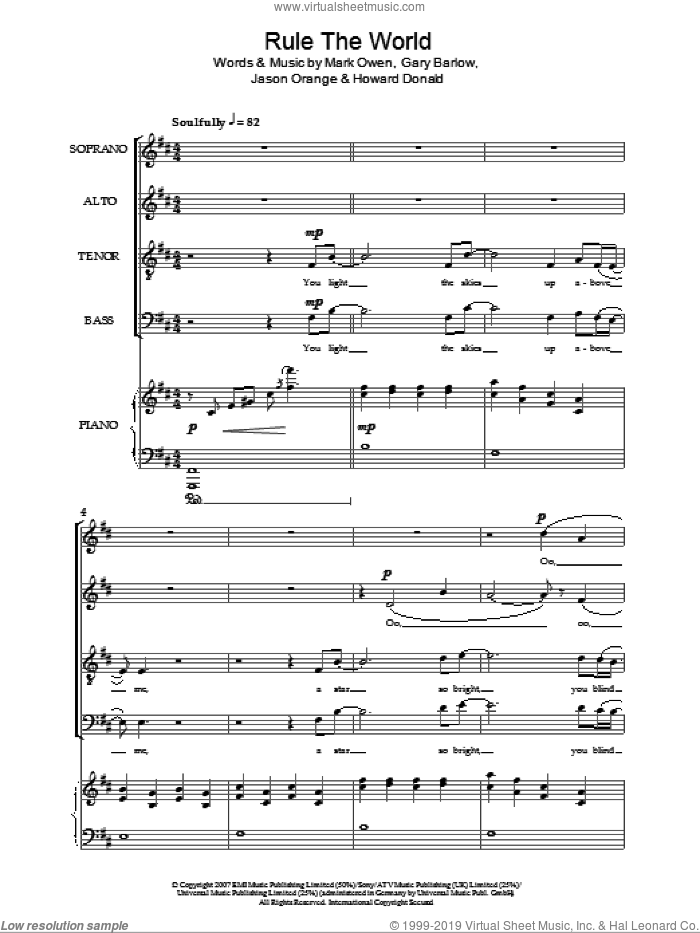 Rule The World sheet music for choir (SATB: soprano, alto, tenor, bass) by Take That, Gary Barlow, Howard Donald, Jason Orange and Mark Owen, intermediate skill level