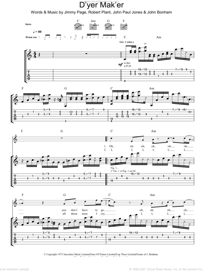 D'yer Mak'er sheet music for guitar (tablature) by Led Zeppelin, Jimmy Page, John Bonham, John Paul Jones and Robert Plant, intermediate skill level